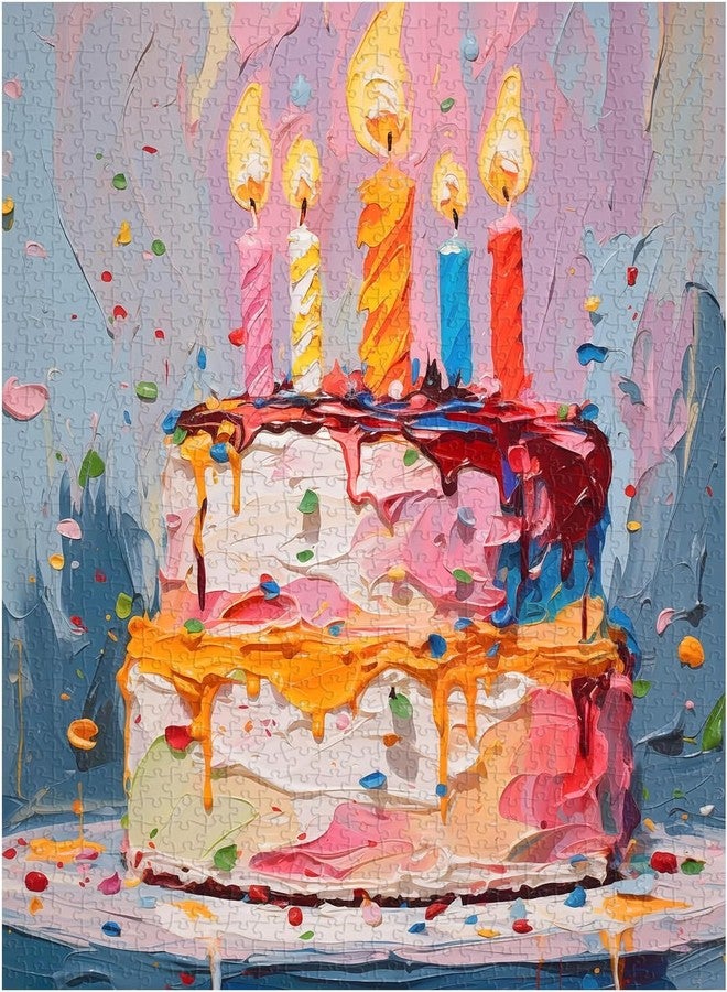 PICKFORU Birthday Cake Puzzles for Adults 1000 Pieces, Colorful Cake Art Puzzles Painting Puzzle, Happy Birthday Puzzle Food Challenging Jigsaw Puzzles - Image 1